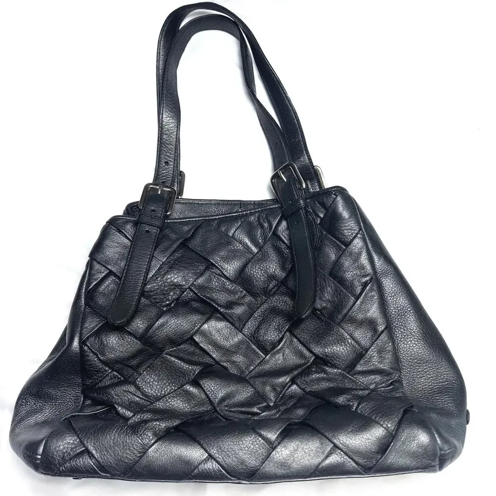 Cole Haan Woven Leather Satchel Bag Black OS Quiet Luxury City Chic